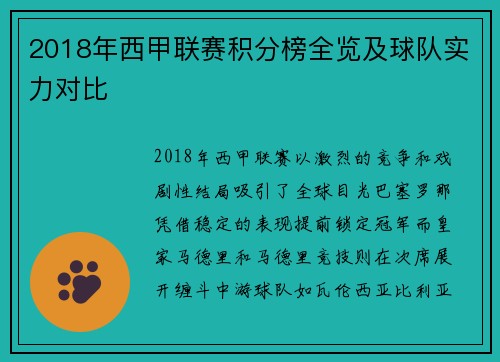 2018年西甲联赛积分榜全览及球队实力对比