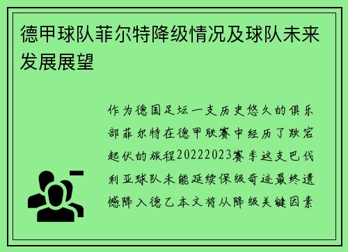 德甲球队菲尔特降级情况及球队未来发展展望